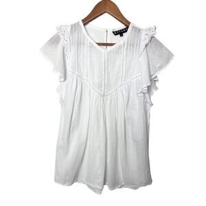 Kivari White 100% Cotton Embroidered Eyelet Flutter Sleeve Top Sz Medium Casual